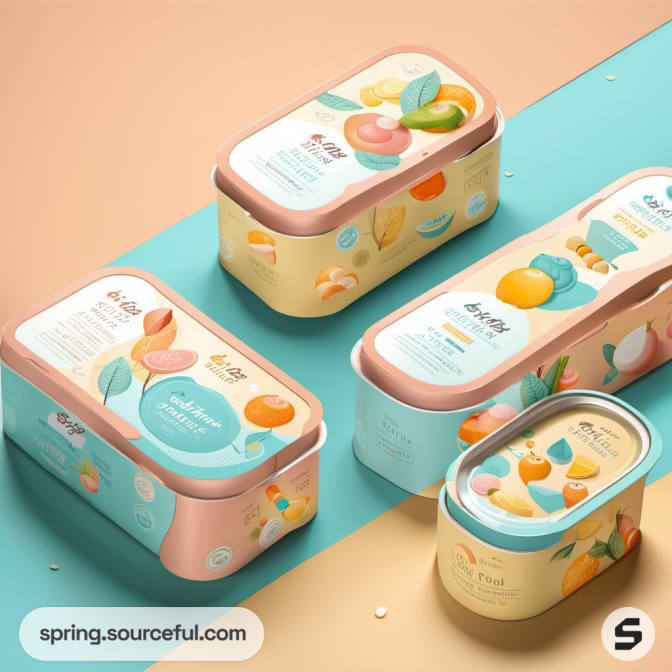 Elegant, rectangular food containers with illustrated fruit patterns against an orange-blue background.