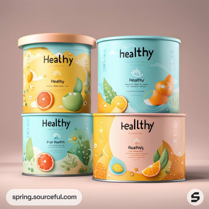 Round tins with colorful fruit illustrations labeled 'Healthy,' on a neutral backdrop.