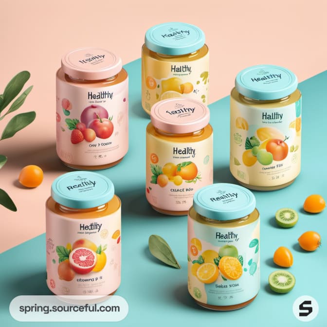 Assorted jars with fruit designs and pastel lids, displayed with fresh fruit on a pastel background.