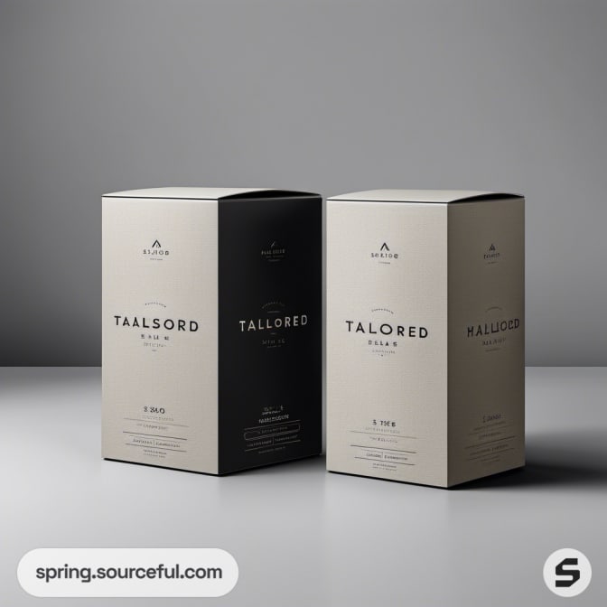 Two tall rectangular boxes, one black, one cream, labeled 'Tailored.'