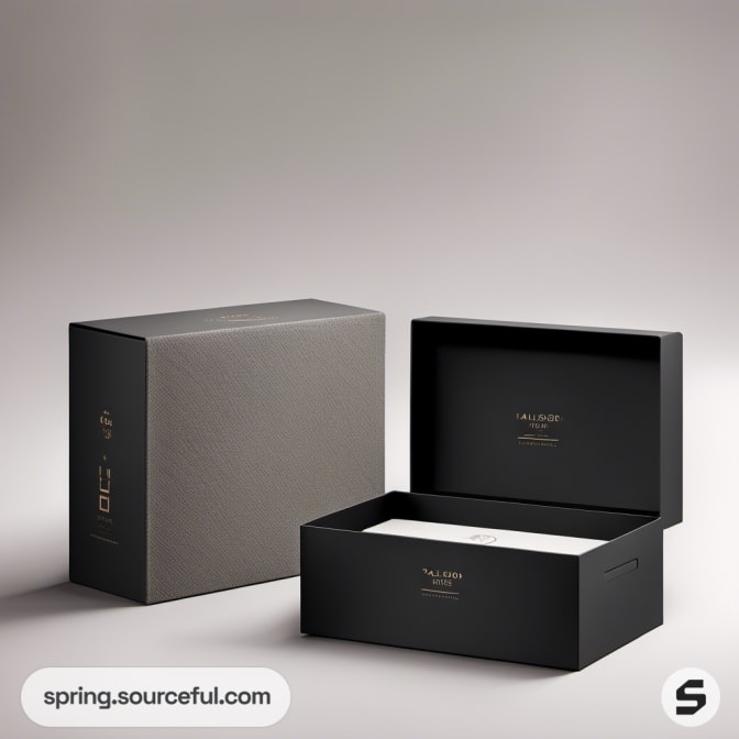 Open rectangular box with lid, containing a clothing item.