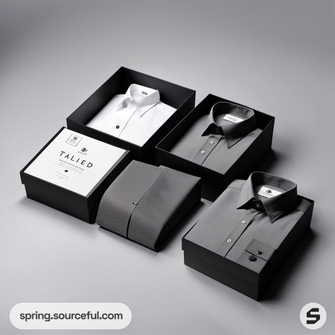 Four black boxes with open lids, displaying folded shirts.