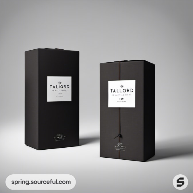 Two tall black boxes labeled 'Tailord,' closed with ribbon.