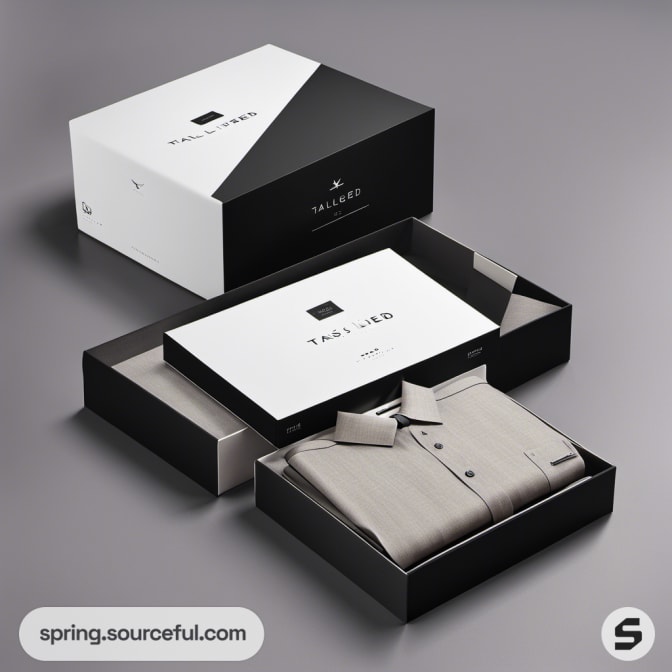 Black and white box with open lid displaying a beige shirt.