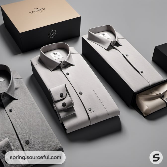Three folded shirts in open rectangular boxes, beige and gray.