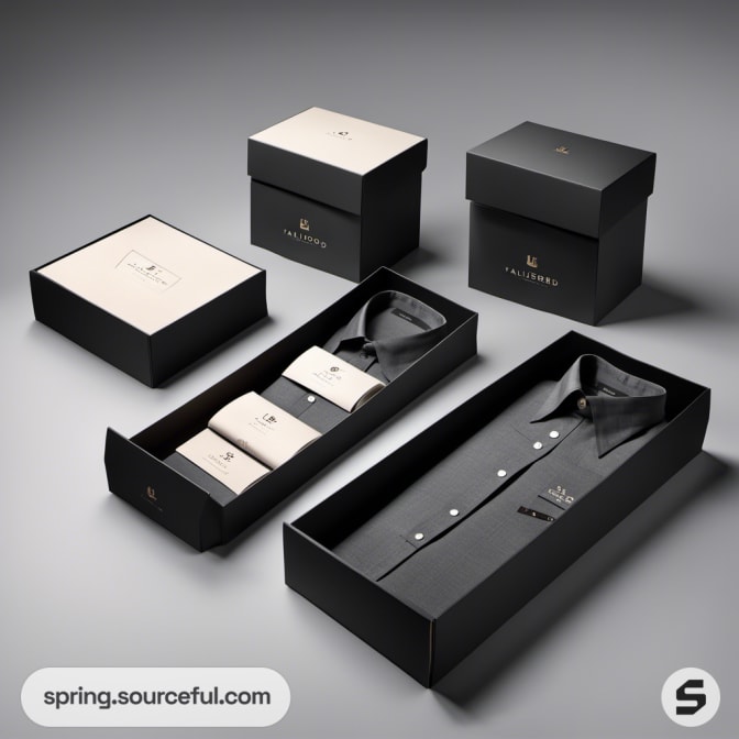 Black and beige rectangular boxes, open with shirts inside.