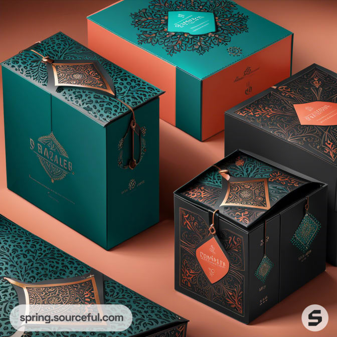 Assorted decorative gift boxes in teal, orange, and black with intricate patterns and tags.