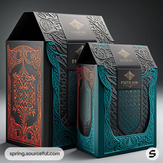 Pair of large ornate boxes in black and teal with intricate lace patterns and handles.