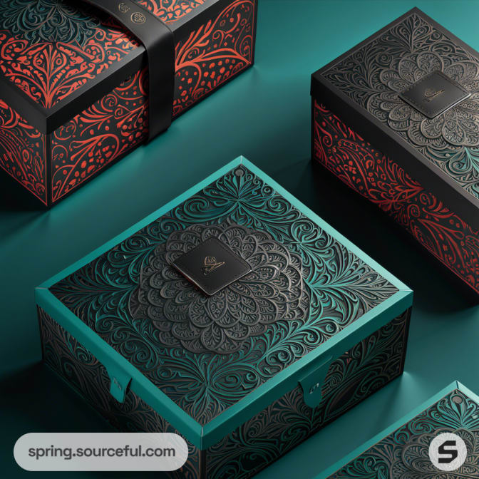 Square teal and black boxes with ornate designs, set against a green and red background.