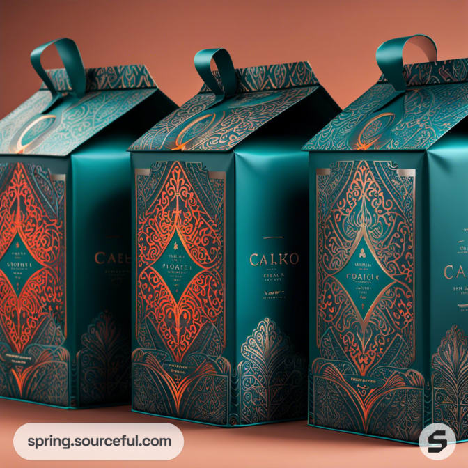 Trio of elegant teal and orange boxes with intricate patterns and ribbons.