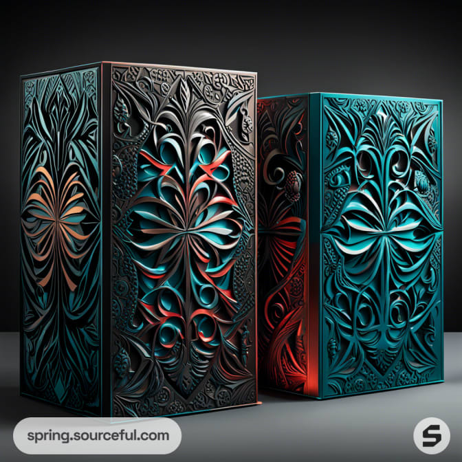 Pair of intricately designed tall box structures in teal and black with floral patterns.