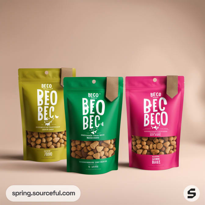 Green and pink resealable pouches with dog treats on beige background.