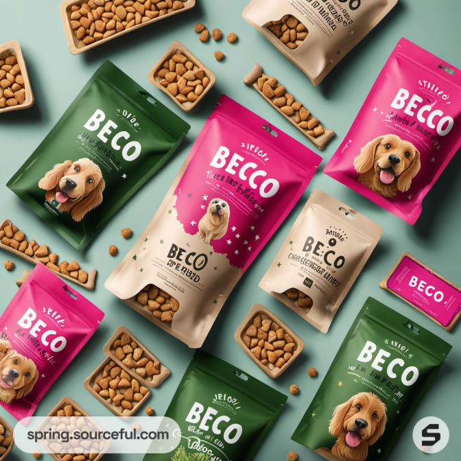 Variety of pink and green dog treat pouches with dog images on blue background.