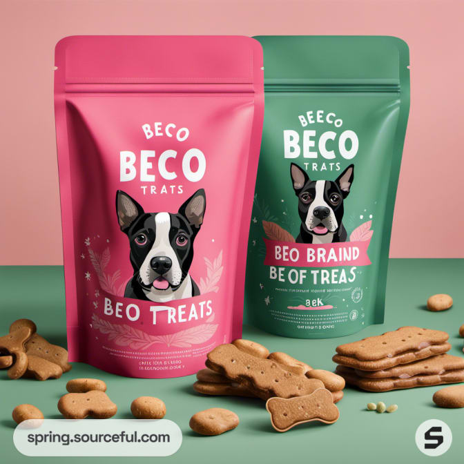 Pink and green dog treat pouches with cartoon dogs on pink and green background.