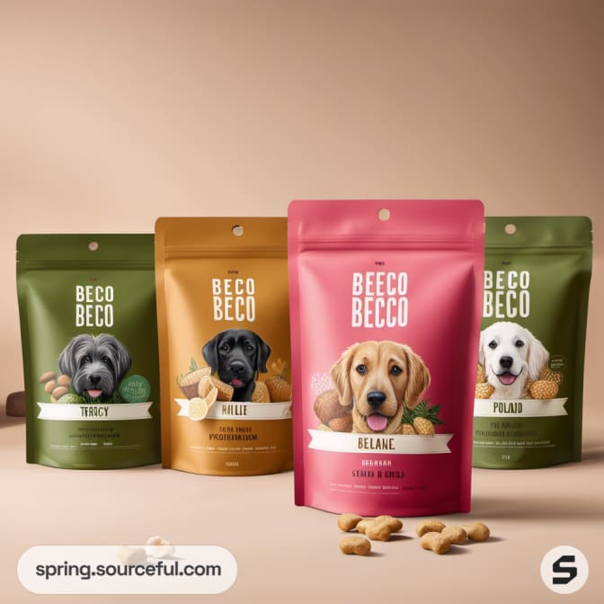 Set of dog treat pouches with various dog breeds on beige background.