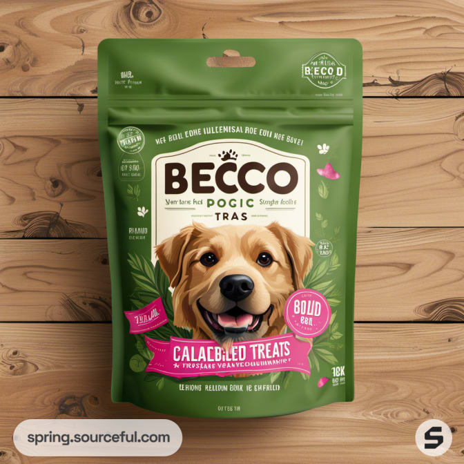 Green resealable pouch of dog treats with golden retriever illustration on wood background.