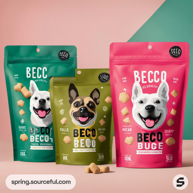 Pink and green dog treat pouches with cartoon dogs on split background.