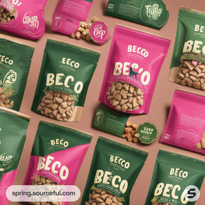 Pattern of pink and green dog treat pouches on brown background.
