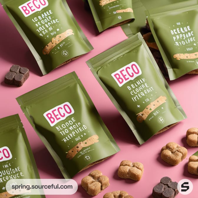 Green dog treat pouches on pink background with scattered dog treats.