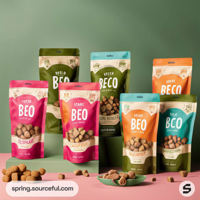 Assorted dog treat pouches in various colors and sizes on green and pink background.