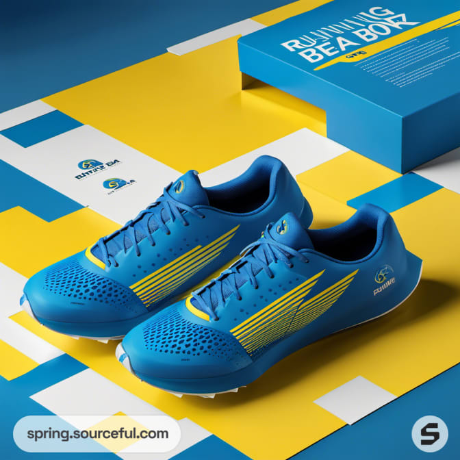 Blue and yellow running shoes displayed with matching packaging boxes.