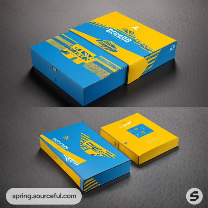 Blue and yellow shoe boxes with geometric design patterns.