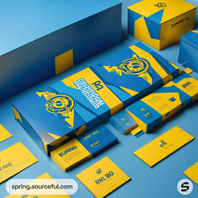 Shoe packaging set with blue and yellow branding elements.