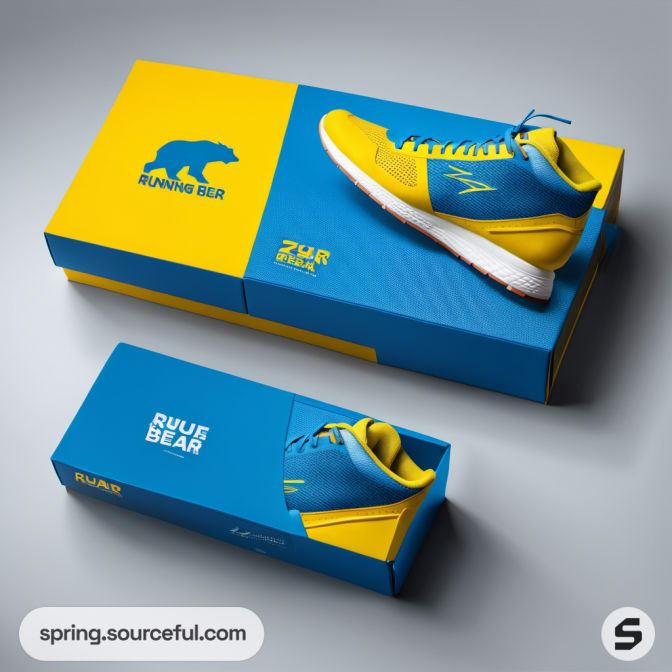 Yellow accent running shoes with blue and yellow packaging.