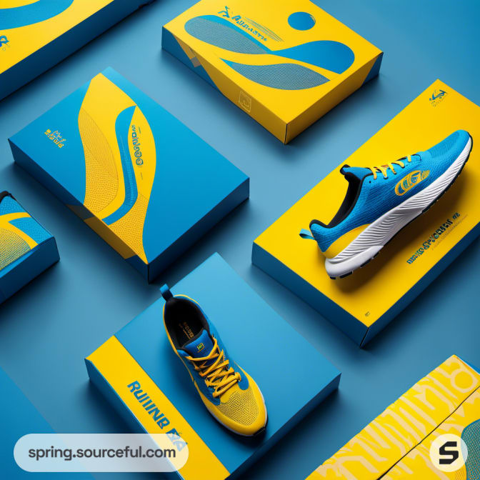 Sports shoes with matching blue and yellow geometric boxes.