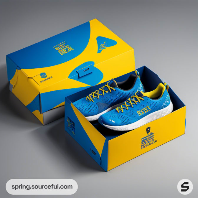 Blue running shoes with blue and yellow themed packaging.