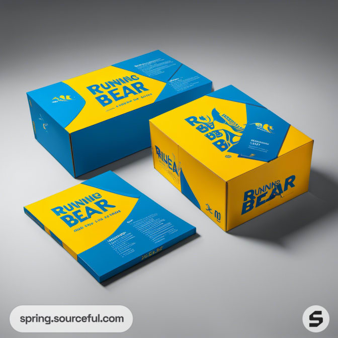 Running Bear shoe boxes in blue and yellow color scheme.