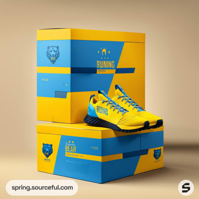Yellow running shoes with bold blue and yellow boxes.