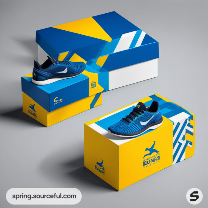 Blue athletic shoes with blue and yellow patterned boxes.