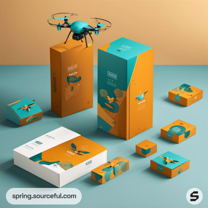 Assorted drone-themed packaging on orange and teal surface.