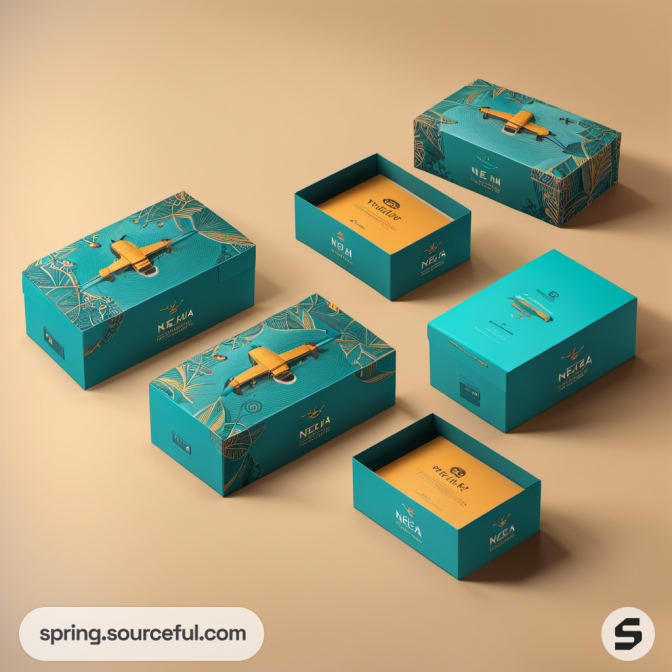 Teal and orange boxes with decorative drone design on beige.