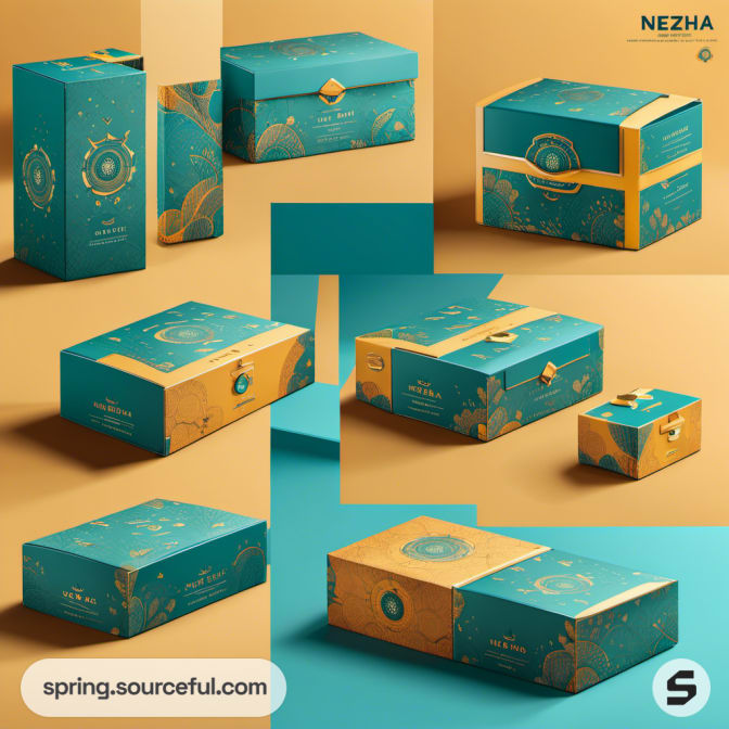 Decorative teal and orange boxes with celestial motifs.