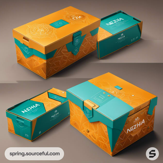 Large teal and orange boxes with geometric patterns.