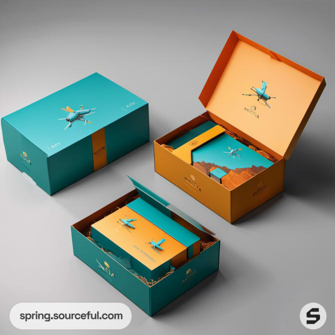 Partially open teal and orange boxes with drone design.