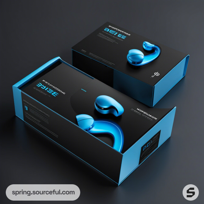 Black and blue earphone packaging box on a dark background.