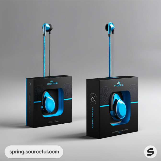 Black and blue headphone packaging with visible product and branded design elements.