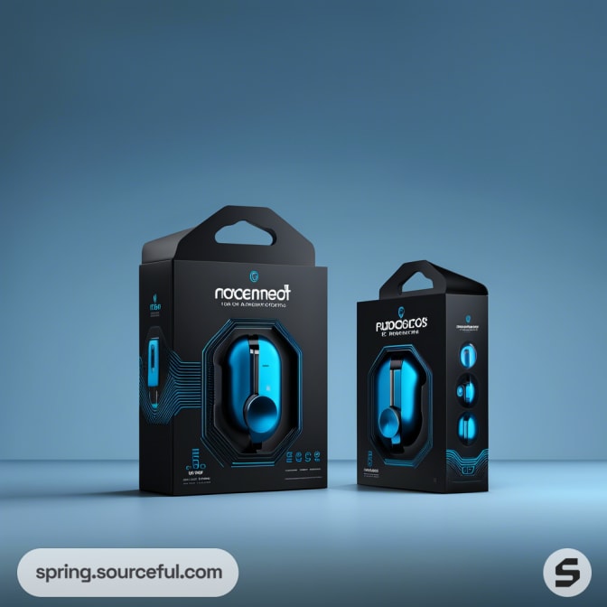 Two black boxes with blue detailed graphics showcasing headphones, placed on a blue gradient background.