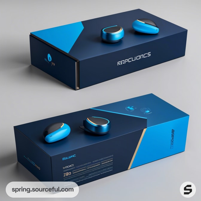 Blue earbuds on dark blue rectangular box with geometric design, displayed on a light gray surface.