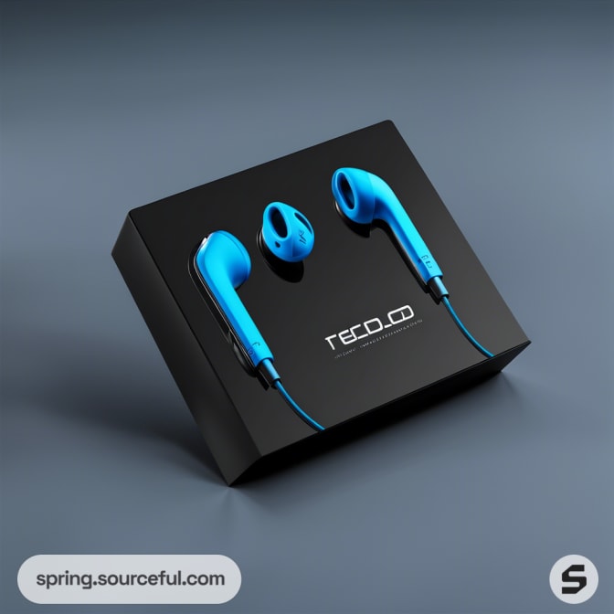 Black box with blue earphones design on a gray background.