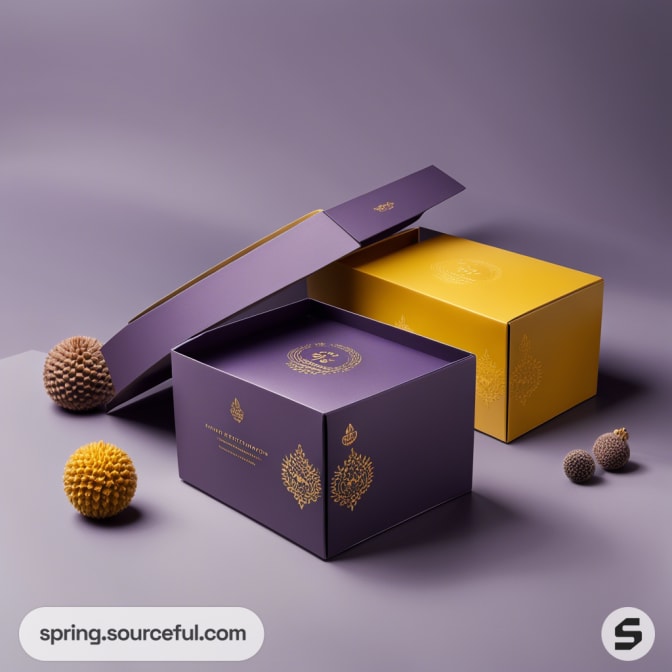 Purple and yellow gift boxes with gold patterns on a purple background, accompanied by decorative balls.