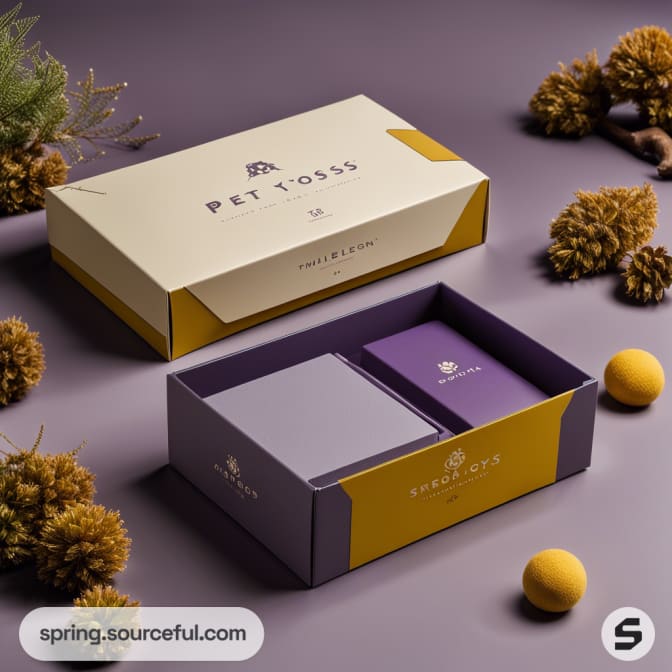 Elegant gift box with yellow and purple hues, containing a smaller purple box. Pine cones and yellow balls nearby.