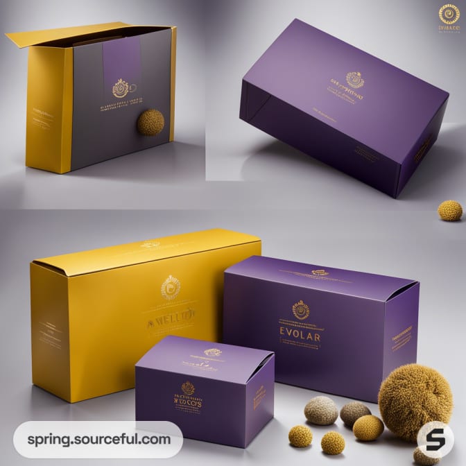 Yellow and purple cardboard boxes with spherical brushes nearby.