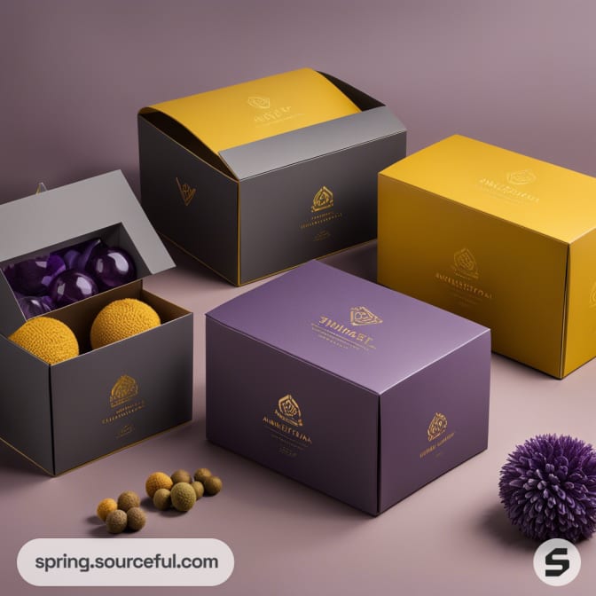 Purple and yellow gift boxes with decorative balls on a soft purple background.