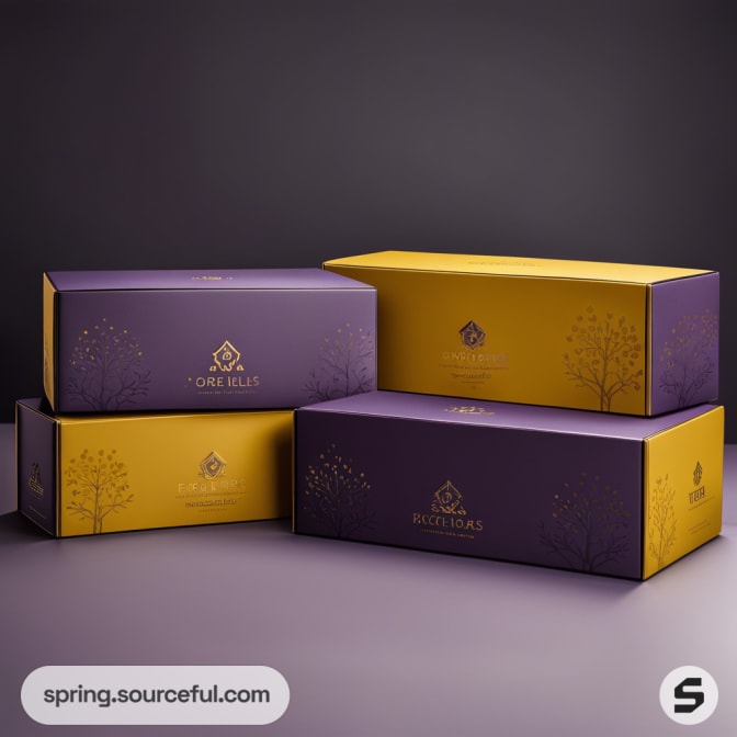 Purple and yellow mailer boxes with elegant floral design on a dark background.