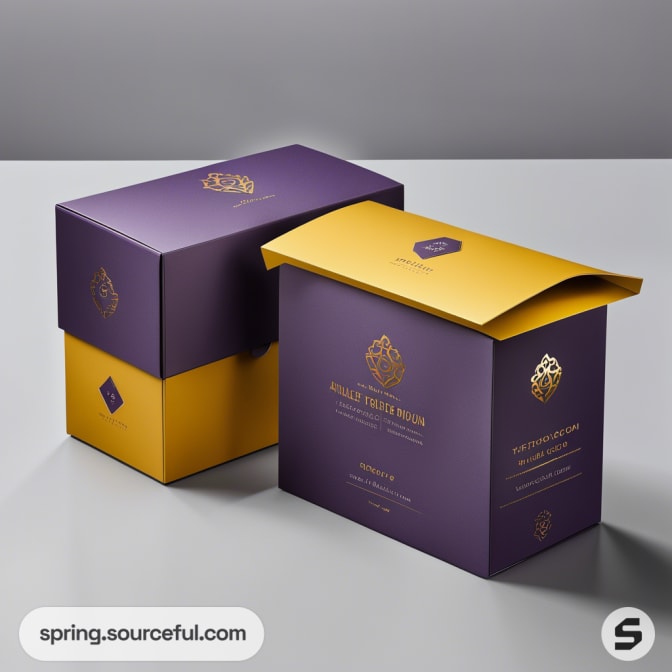 Purple and gold luxury gift boxes with elegant design on a gray background.