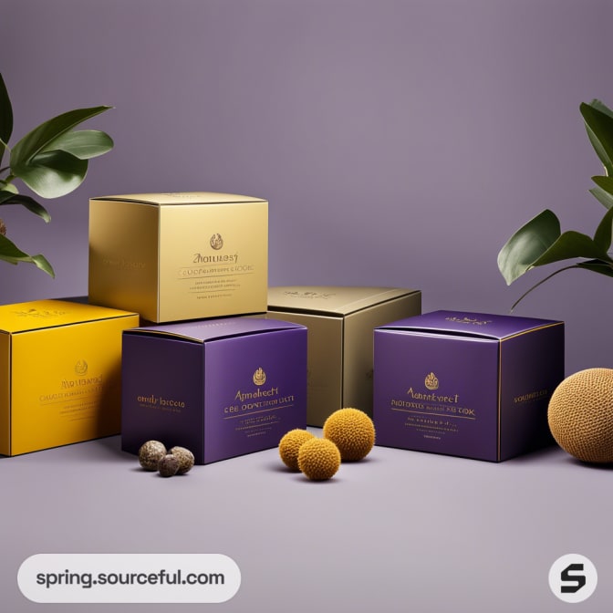 Gold and purple boxes with floral accents on a light purple background, surrounded by foliage and spherical decor.